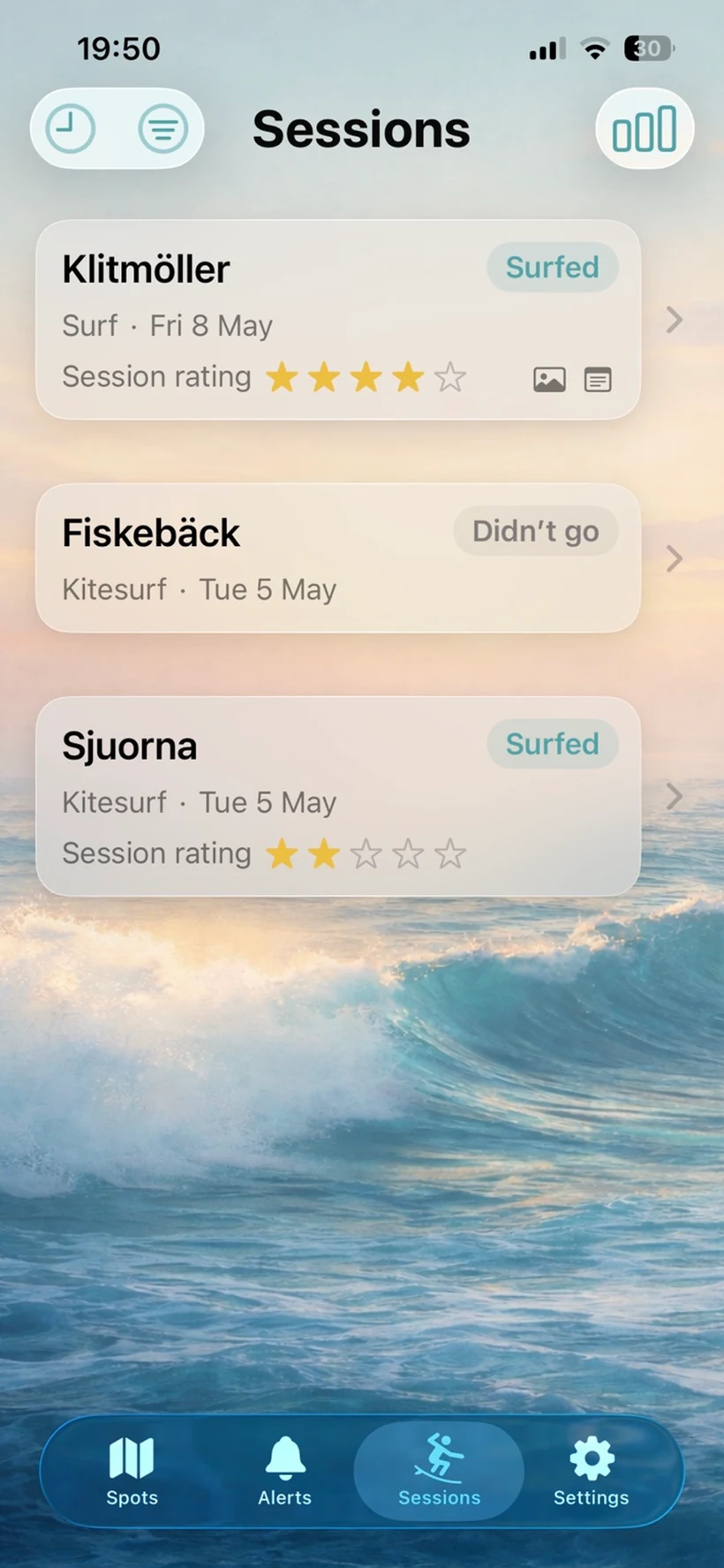 Surflert sessions overview showing a list of past sessions with status and star ratings.